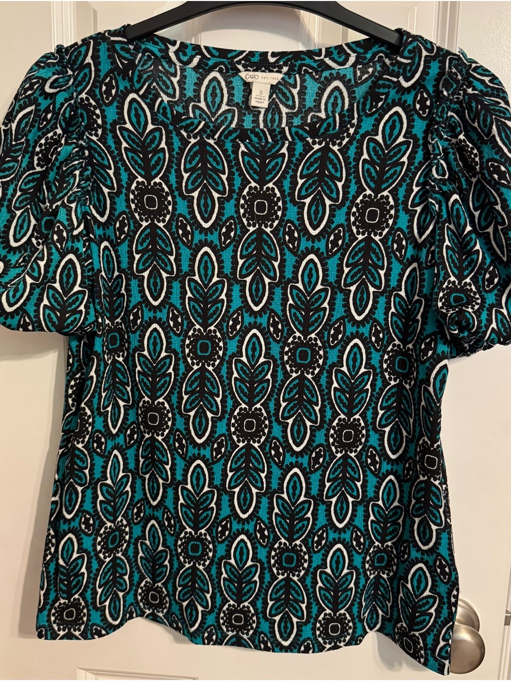 Cato Teal Black White Patterned Puff Sleeve Blouse